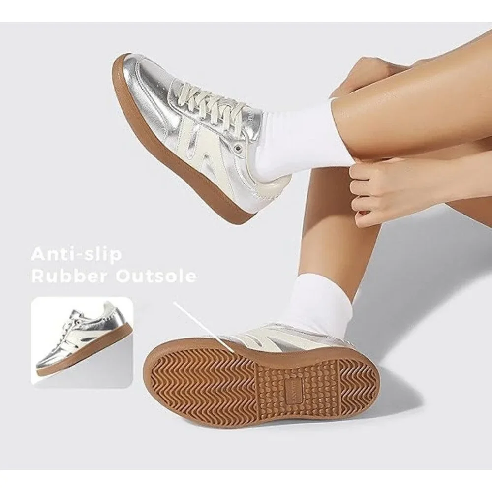 New Lucky Step Womens 8 Silver Lace Up Classic Retro Gum Sole Fashion Sneakers